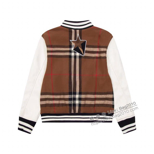 Burberry專櫃巴寶莉2023FW新款羊毛呢拼皮格子棒球服夾克外套 男女同款 tzy2975